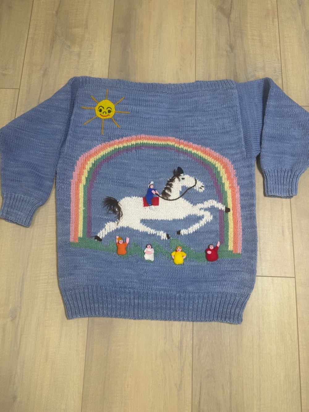Vintage Handicraft Blue Women's Novelty Rainbow Horse Knit Sweater